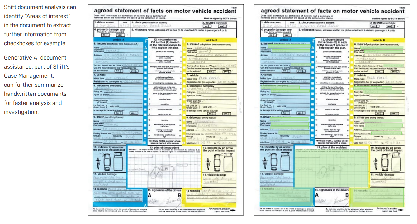 Shift document analysis can identify “Areas of interest” in the document to extract further information from checkboxes, for example: Generative AI document assistance, part of Shift’s Case Management, can further summarize handwritten documents for faster analysis and investigation