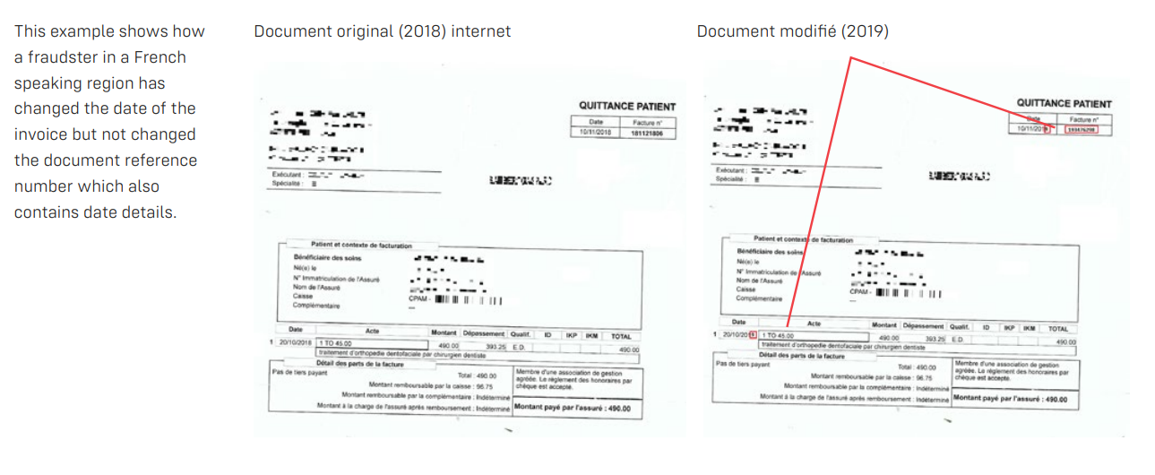 This example shows how a fraudster in a French speaking region has changed the date of the invoice but not changed the document reference number which also contains date details.